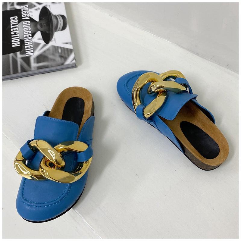 Elegant women's slip-on flats with metal chain detail, closed toe, low heels, casual round toe slides by Stevvex.