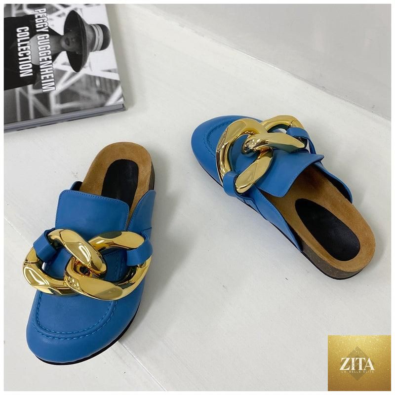Stevvex women's summer flat sandals with metal chain design, closed toe, slip-on style, low heels, and casual round toe slides.