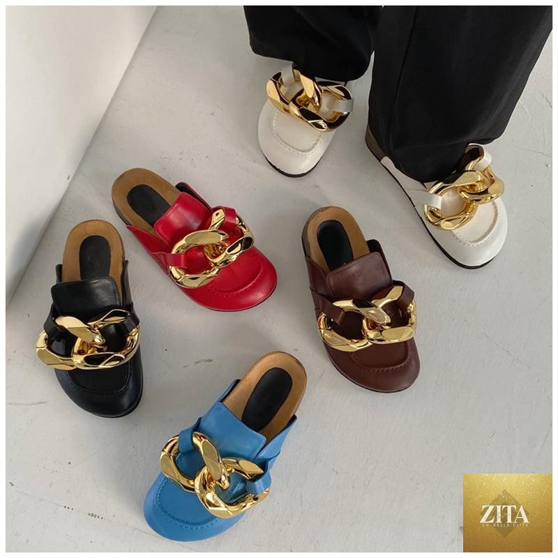 Stevvex women's flat summer sandals with metal chain design, closed toe, slip-on style, low heels, casual round toe slides.