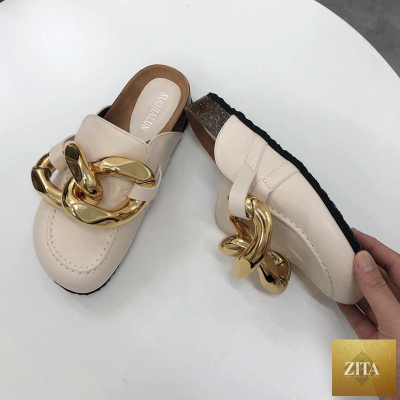 Stevvex women's summer flat sandals with metal chain design, closed toe, slip-on style, low heels, casual round toe slides.