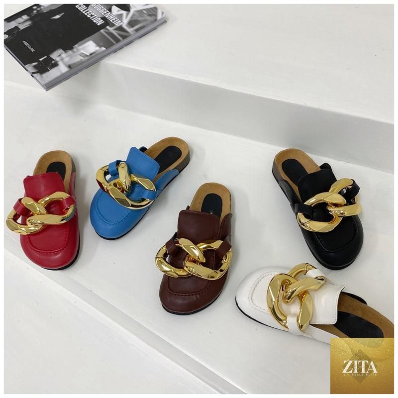 Stevvex women's summer flat sandals with metal chain design, closed toe, slip-on slip-on shoes, low heels, casual round-toe slides