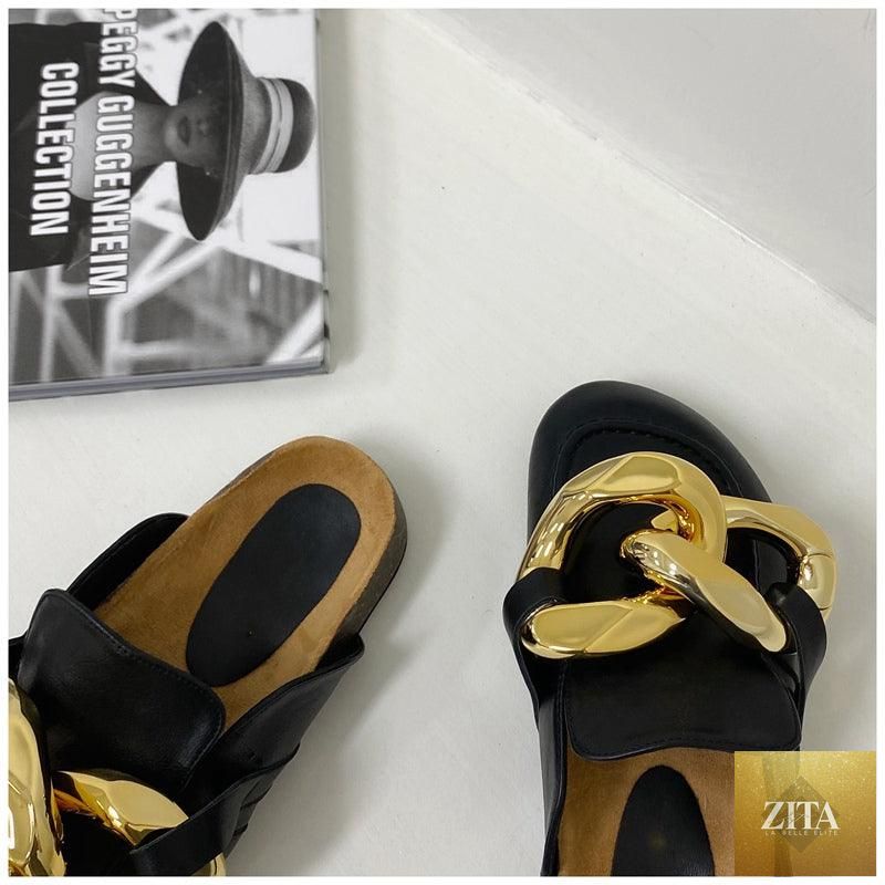 Stevvex women's flat summer sandals with metal chain design, closed toe, slip-on style, low heels, casual round-toe slides.