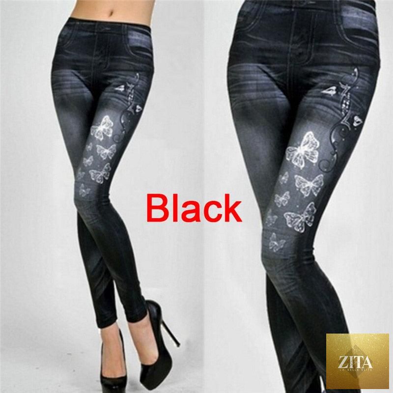 Stevvex women's stretch leggings jeans with pockets in blue and black, slim fit, elastic waist, perfect for fitness and casual wear.