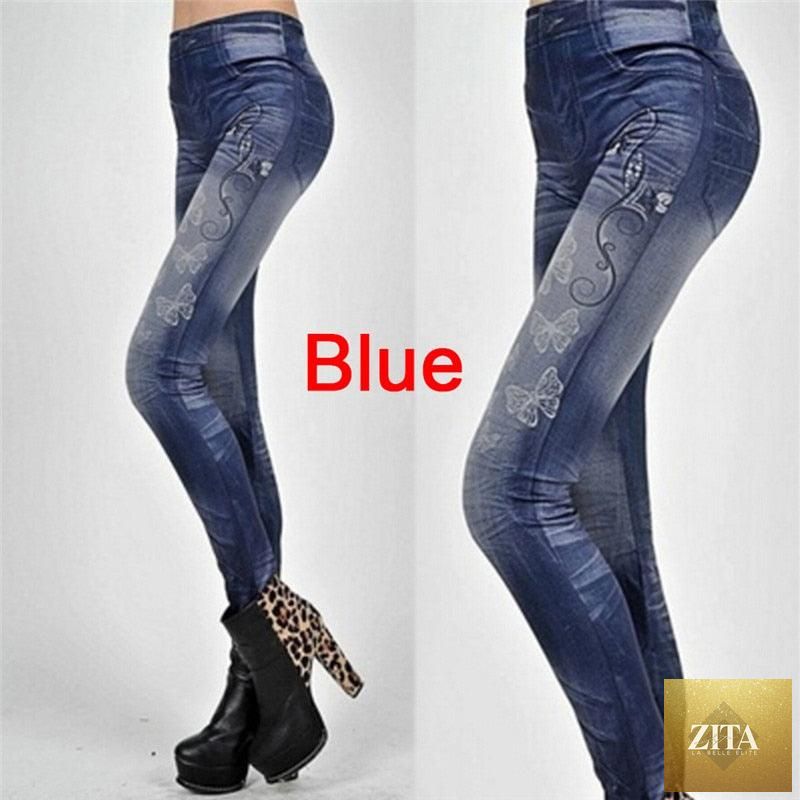 Stevvex women's one-size leggings jeans with pockets, slim fit, stretch elastic fabric in blue and black, ideal for fitness and casual wear.