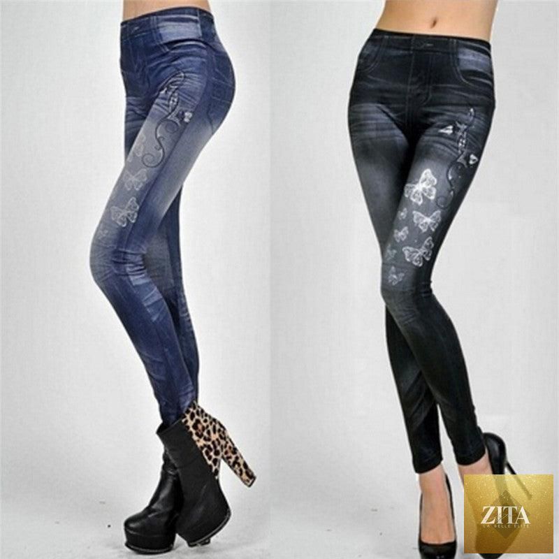 Stevvex women's one-size leggings jeans with pockets, slim fit, stretch elastic fabric in blue and black, suitable for fitness and casual wear.