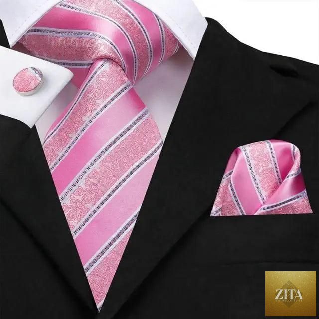 Elegant pink silk necktie, pocket square, and cufflinks set by Stevvex for men's fashion, perfect for weddings and daily wear.