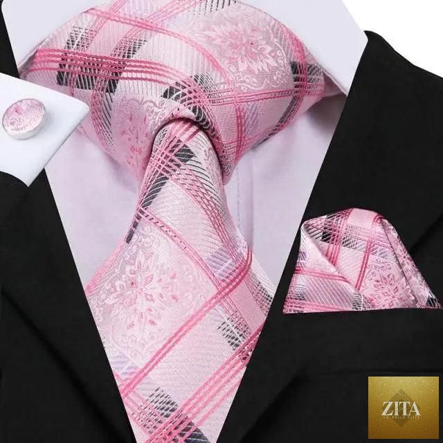 Elegant pink silk necktie, pocket square, and cufflinks set by Stevvex, ideal for men's fashion, weddings, and daily wear.