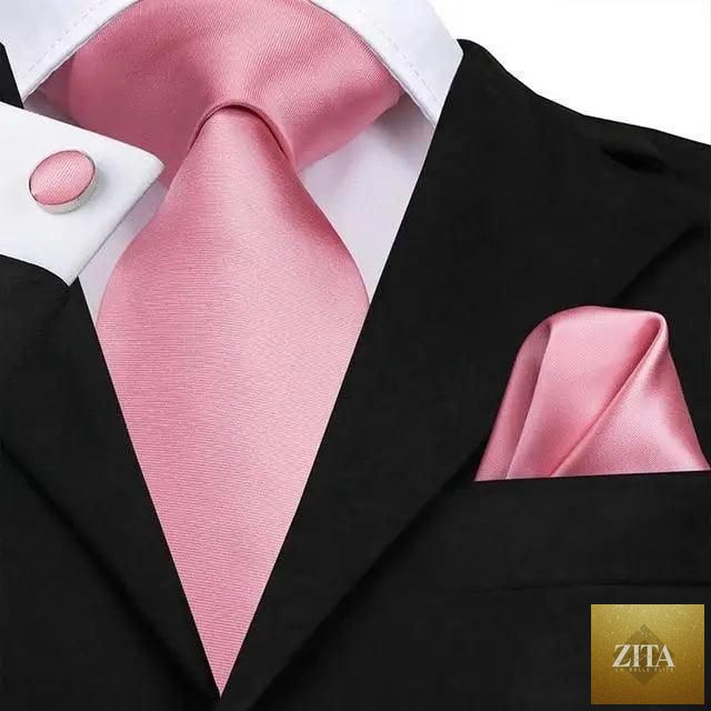 Elegant pink silk necktie, pocket square, and cufflinks set by Stevvex, perfect for men's fashion, weddings, and daily wear.