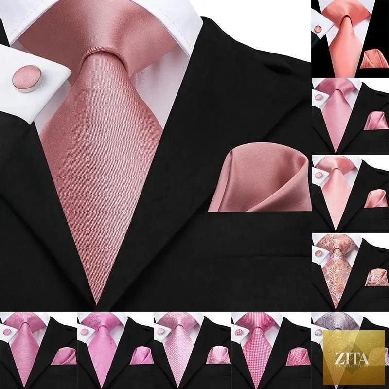 Elegant pink silk necktie, pocket square, and cufflinks set by Stevvex for men's fashion, weddings, and daily wear.