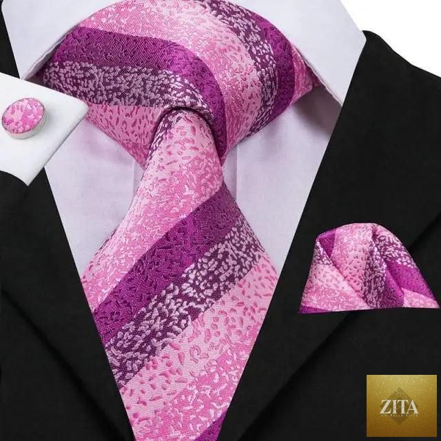 Elegant pink silk necktie, pocket square, and cufflinks set by Stevvex, perfect for men's fashion and wedding attire.