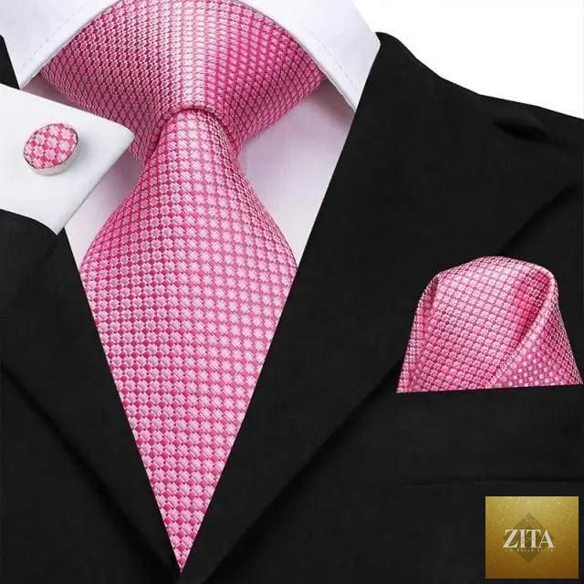 Elegant pink silk necktie, pocket square, and cufflinks set by Stevvex for men's fashion, weddings, and daily wear.