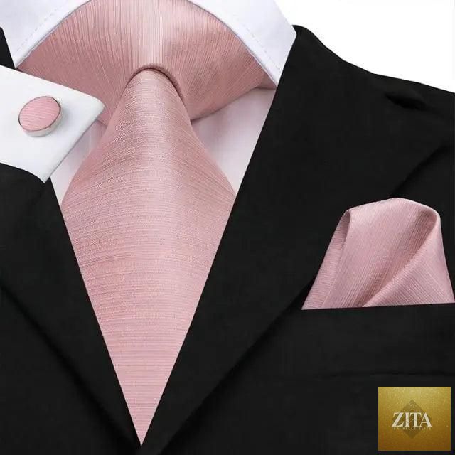 Elegant pink silk necktie, pocket square, and cufflinks set by Stevvex for men's fashion, weddings, or daily wear.