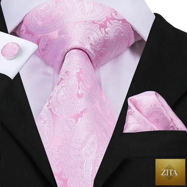 Elegant pink silk necktie, pocket square, and cufflinks set by Stevvex for men's fashion, weddings, and daily wear.