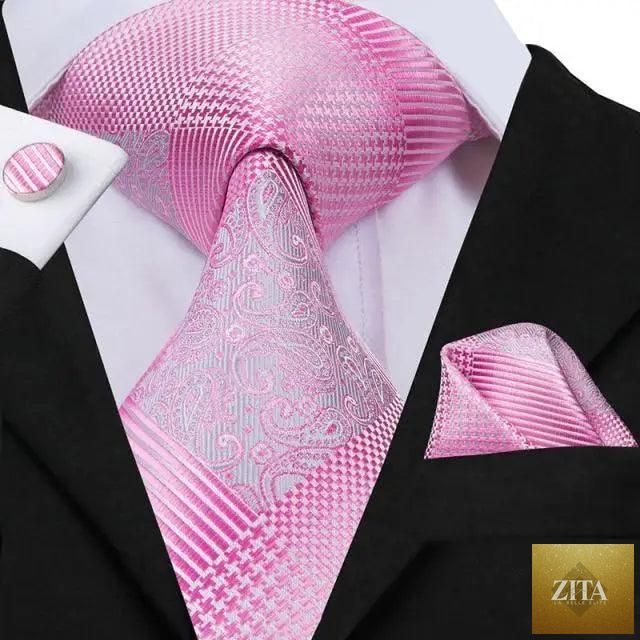 Elegant pink silk necktie, pocket square, and cufflinks set for men's fashion, weddings, and daily wear by Stevvex.