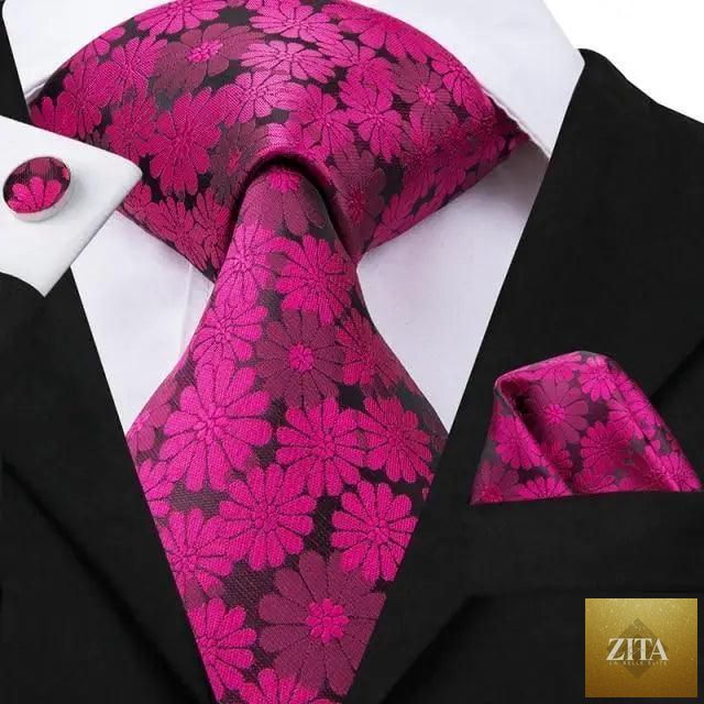 Elegant pink silk necktie, pocket square, and cufflinks set by Stevvex, perfect for men's fashion and wedding wear.