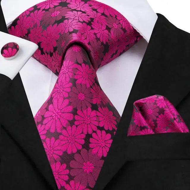 Elegant Pink Silk Necktie Pocket Square Cufflinks Set Elegant Men's Fashion Wedding Ties For Men And Daily Wear Ties
