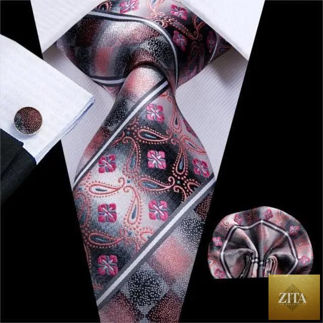 Elegant pink silk necktie, pocket square, and cufflinks set by Stevvex, perfect for men's fashion, weddings, and daily wear.