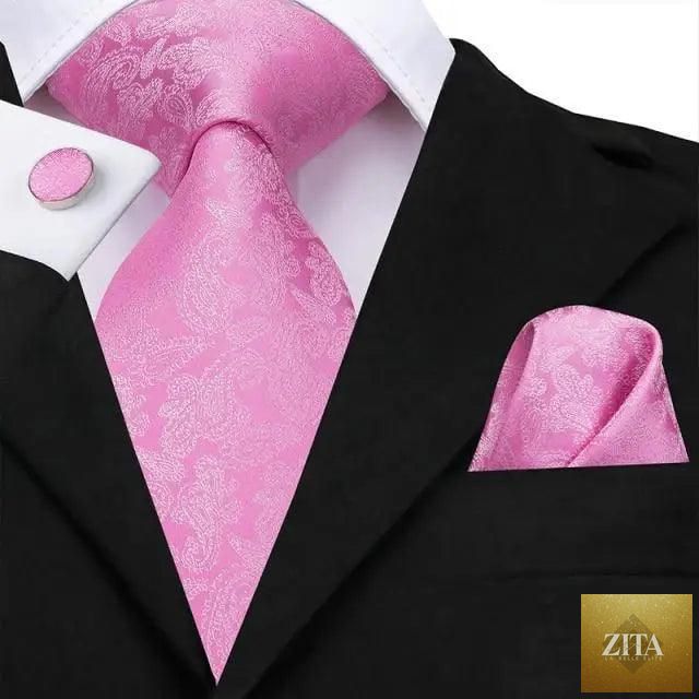 Elegant pink silk necktie, pocket square, and cufflinks set for men's fashion, perfect for weddings and daily wear by Stevvex.