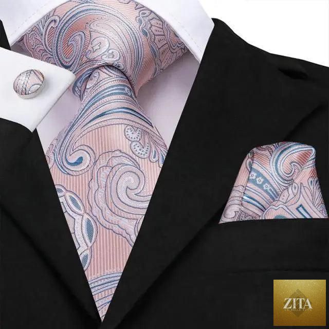 Elegant pink silk necktie, pocket square, and cufflinks set by Stevvex, perfect for men's fashion, weddings, and daily wear.
