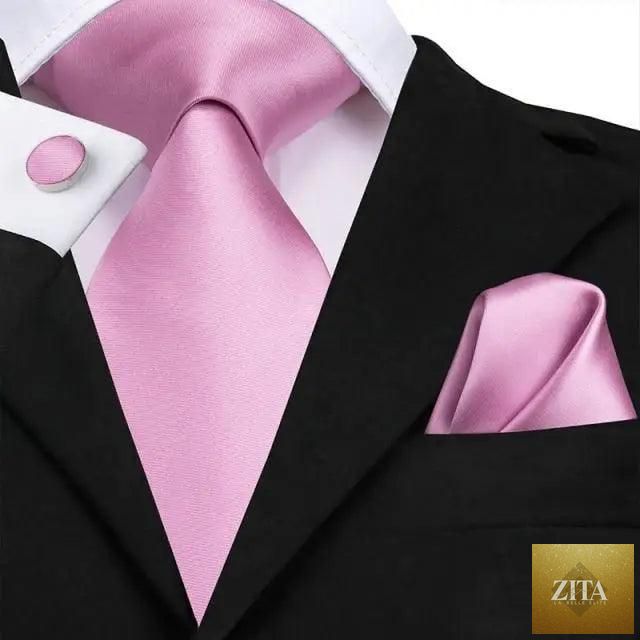 Elegant pink silk necktie, pocket square, and cufflinks set for men, ideal for wedding or daily fashion by Stevvex.