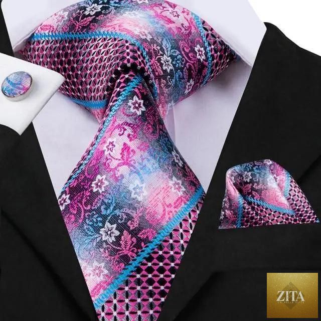 Elegant pink silk necktie, pocket square, and cufflinks set by Stevvex featuring stylish men's fashion for weddings and daily wear.