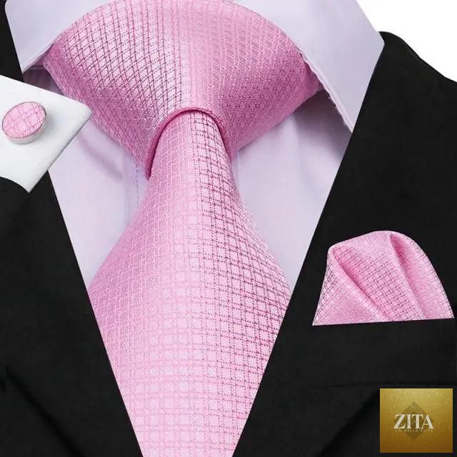 Elegant pink silk necktie, pocket square, and cufflinks set by Stevvex for men's fashion, weddings, and daily wear.