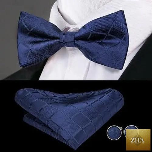 Elegant silk butterfly bow tie, pocket square, and cufflinks set for men, ideal for formal weddings and office wear by Stevvex.