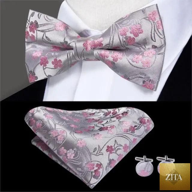 Elegant silk butterfly bow tie, pocket square, and cufflinks set for men, ideal for formal weddings and office wear by Stevvex.