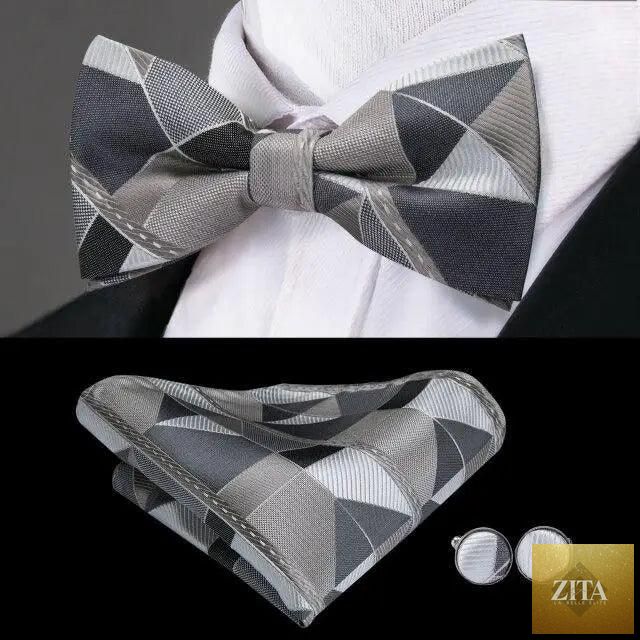 Elegant silk butterfly bow tie, pocket square, and cufflinks set for men, ideal for formal weddings or office wear by Stevvex.