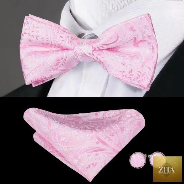 Elegant silk butterfly bow tie, pocket square, and cufflinks set for men, perfect for formal weddings and office wear by Stevvex.