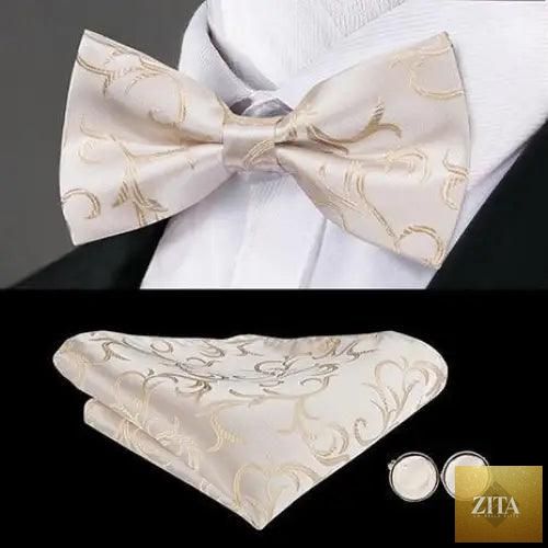 Elegant silk butterfly bow tie, pocket square, and cufflinks set for men by Stevvex, perfect for formal weddings and office attire.