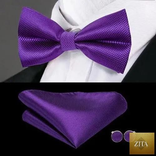 Elegant silk butterfly bow tie, pocket square, and cufflink set for men in a formal wedding and office style by Stevvex.
