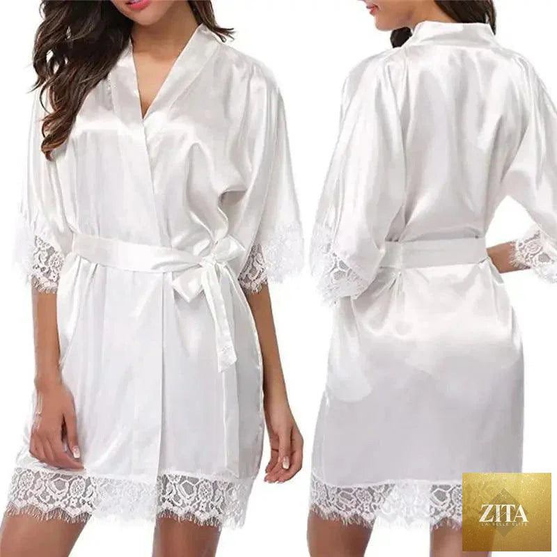 Elegant white silk short women's bathrobe by Stevvex featuring a classic, soft, and comfortable design for indoor sleepwear.
