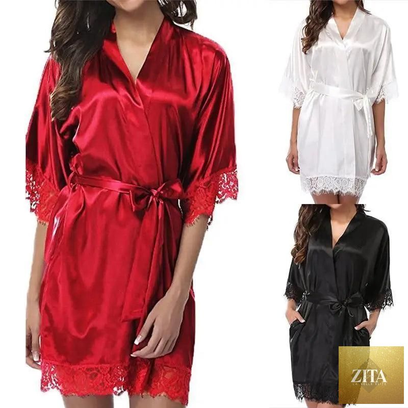 Stevvex white silk short women's bathrobe with elegant design, soft, comfortable sleepwear for indoor use.