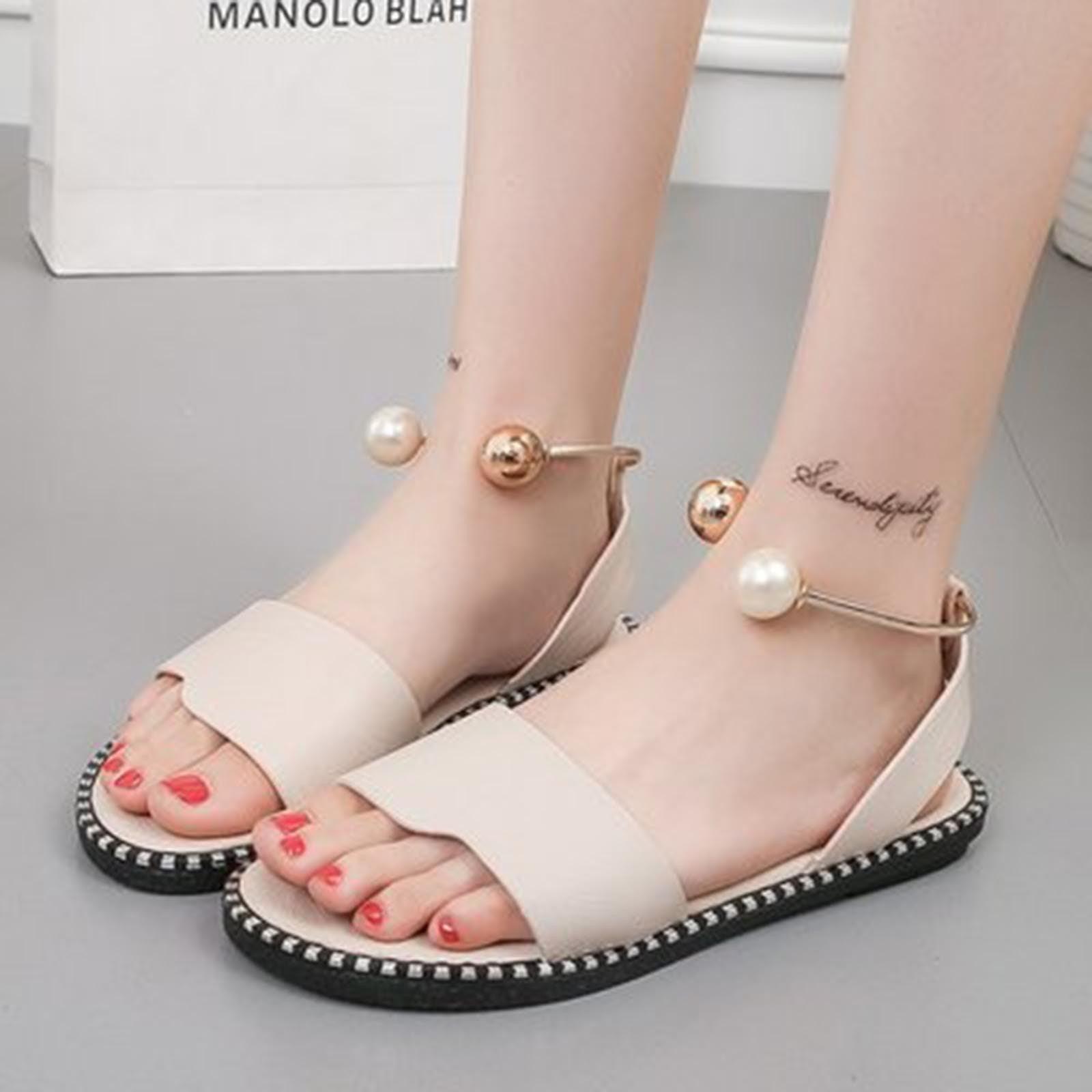 Stevvex white women’s fashion sandals with pearl buckle, round toe, strappy design, suitable for casual and wedding summer outdoor wear.