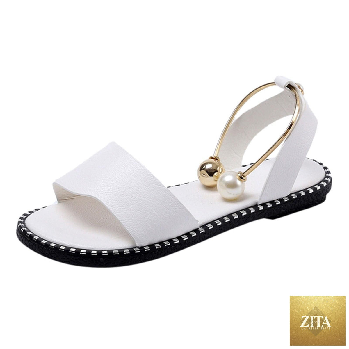 Stevvex white women’s fashion sandals with pearl buckle, round toe, strappy design, suitable for casual and wedding summer wear.