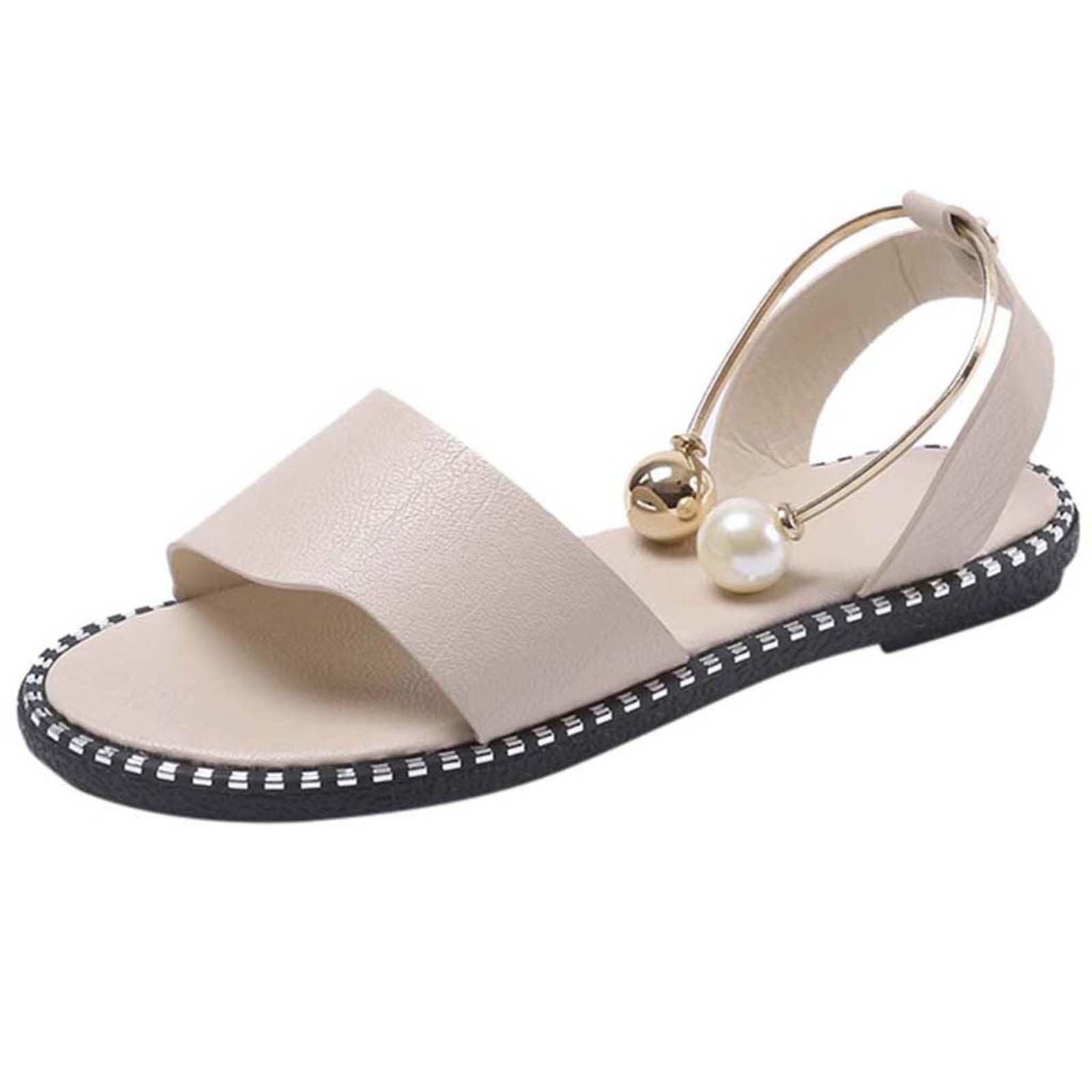 Stevvex white women’s fashion sandals with round toes, pearl buckle, straps, and non-slip soles, ideal for summer outdoor and wedding wear.
