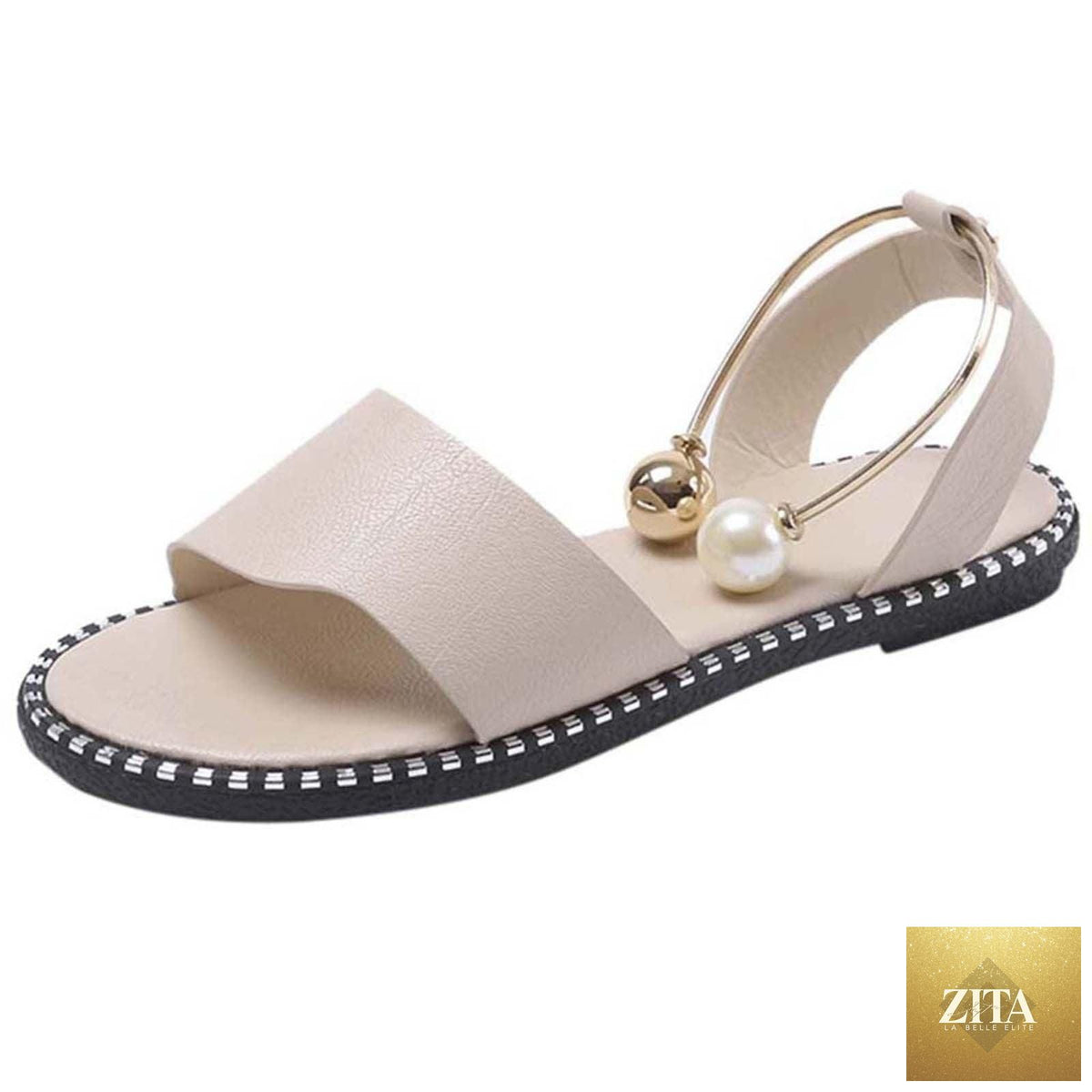 Stevvex white women’s fashion sandals with round toes, pearl buckle, straps, and non-slip soles, ideal for summer outdoor and wedding wear.