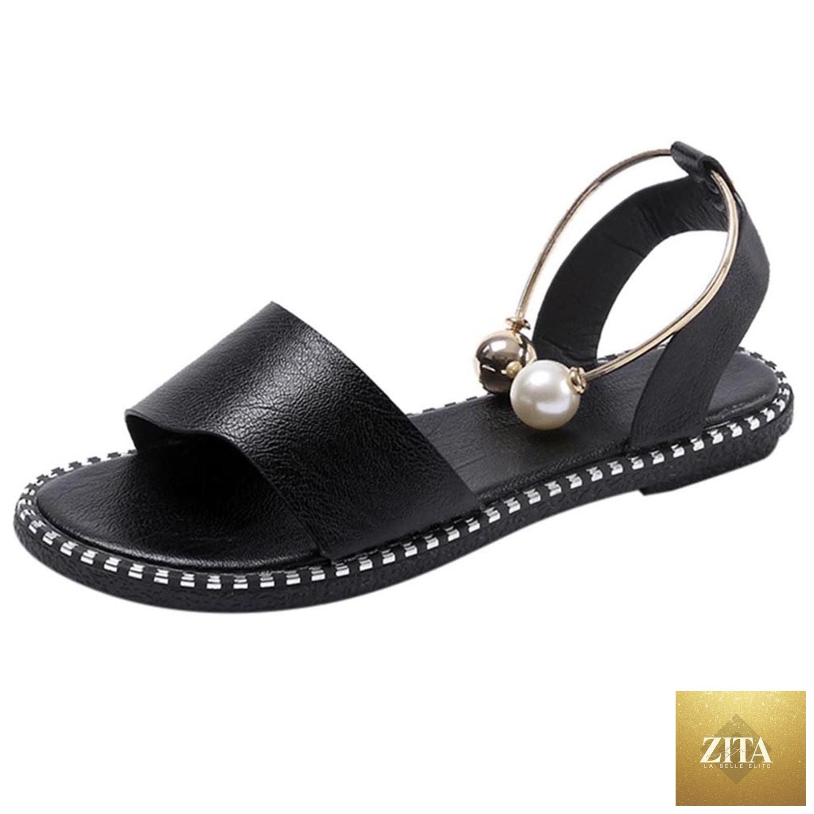 Elegant white women's fashion sandals by Stevvex featuring round toes, pearl buckle, strappy design, and non-slip sole for summer outdoor wear.