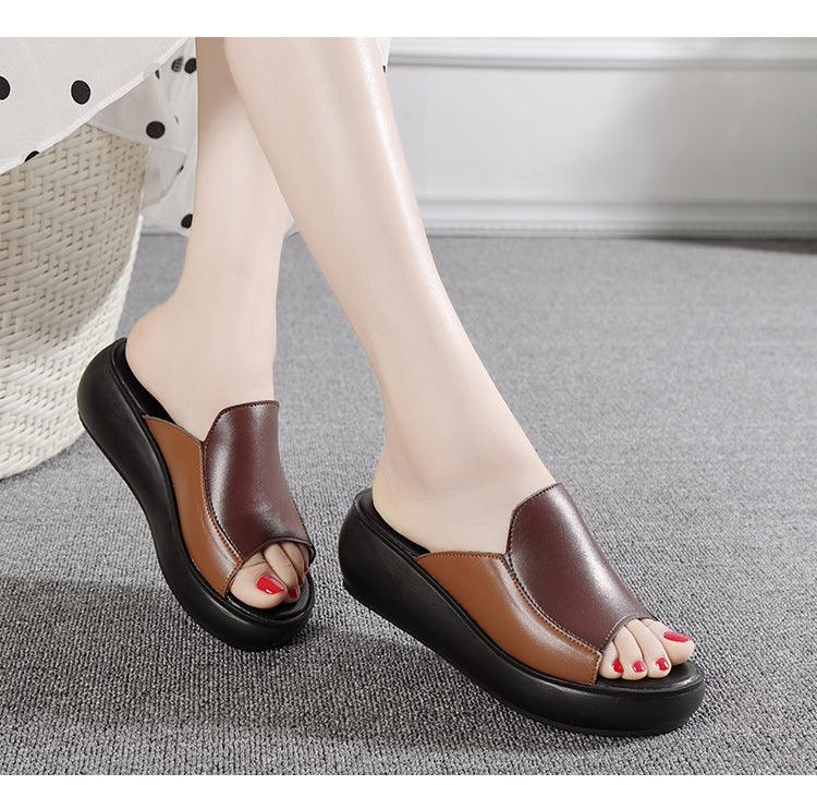 Elegant Stevvex women's platform slippers with genuine leather, high heels, breathable design, suitable for outdoor, beach, and walking.