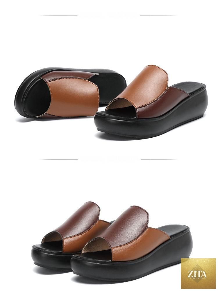 Elegant women's leather platform slippers with high heels, breathable design, suitable for outdoor, beach, and casual walking.