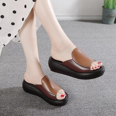 Stevvex women's genuine leather platform slippers with high heels, breathable outdoor wedge sandals, suitable for beach and casual wear.