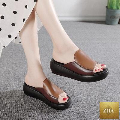 Stevvex women's genuine leather platform slippers with high heels, breathable outdoor wedge sandals, suitable for beach and casual wear.