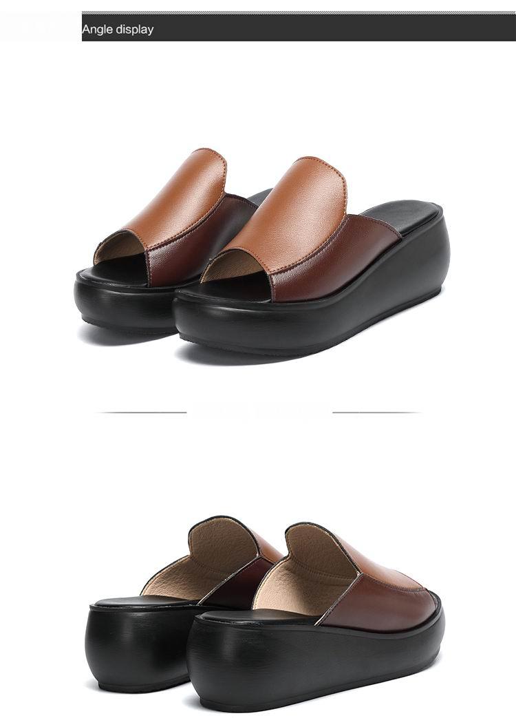 Elegant Stevvex women’s genuine leather platform slippers with high heels, breathable design, suitable for outdoor beach and casual walking.
