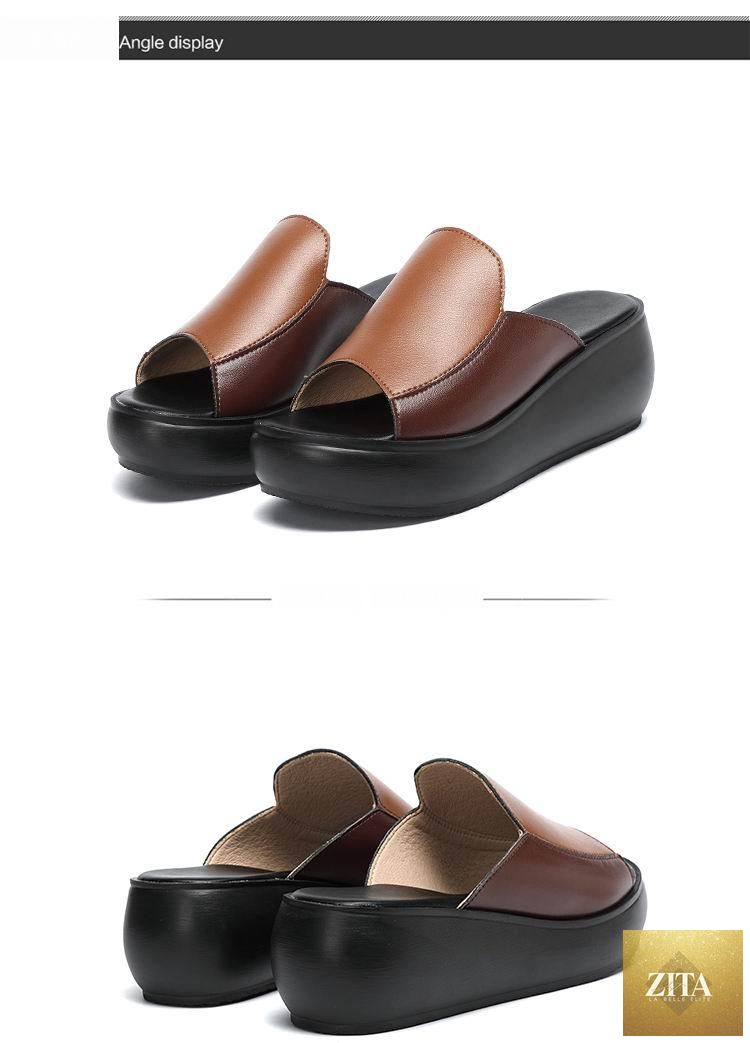 Elegant Stevvex women’s genuine leather platform slippers with high heels, breathable design, suitable for outdoor beach and casual walking.