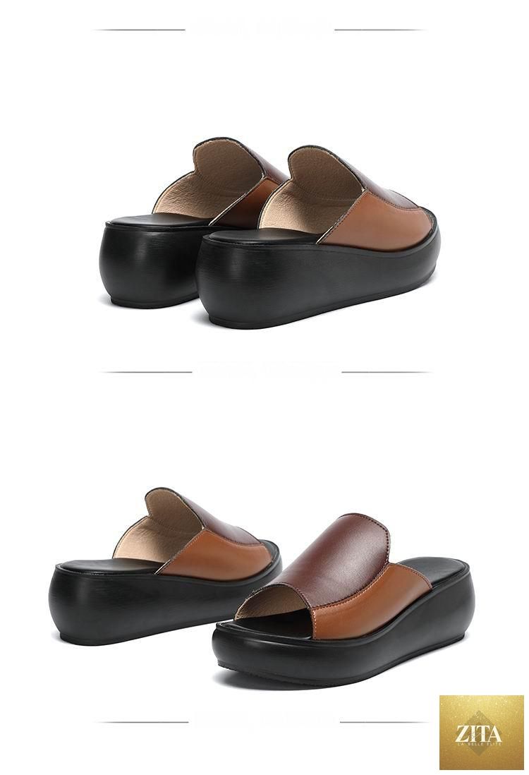 Elegant woman platform slippers by Stevvex, genuine leather, high heels, breathable summer wedge sandals for outdoor and beach wear.