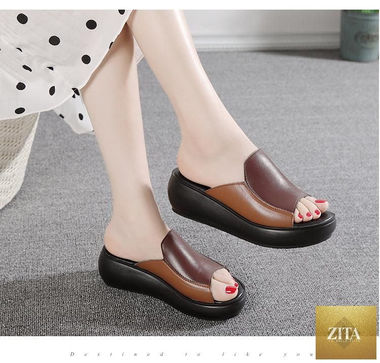 Stevvex women's genuine leather platform slippers with high heels, breathable outdoor wedge sandals, suitable for beach and walking.