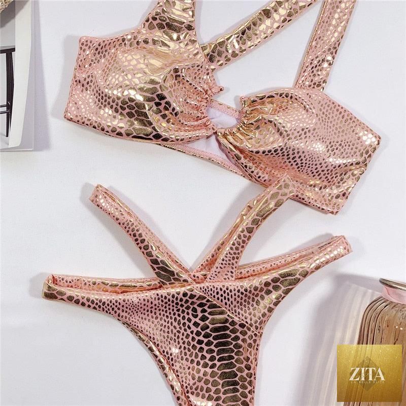 Elegant women’s snake print gold bikini set with shiny string two-piece swimwear, featuring bandage style design and slim fit.