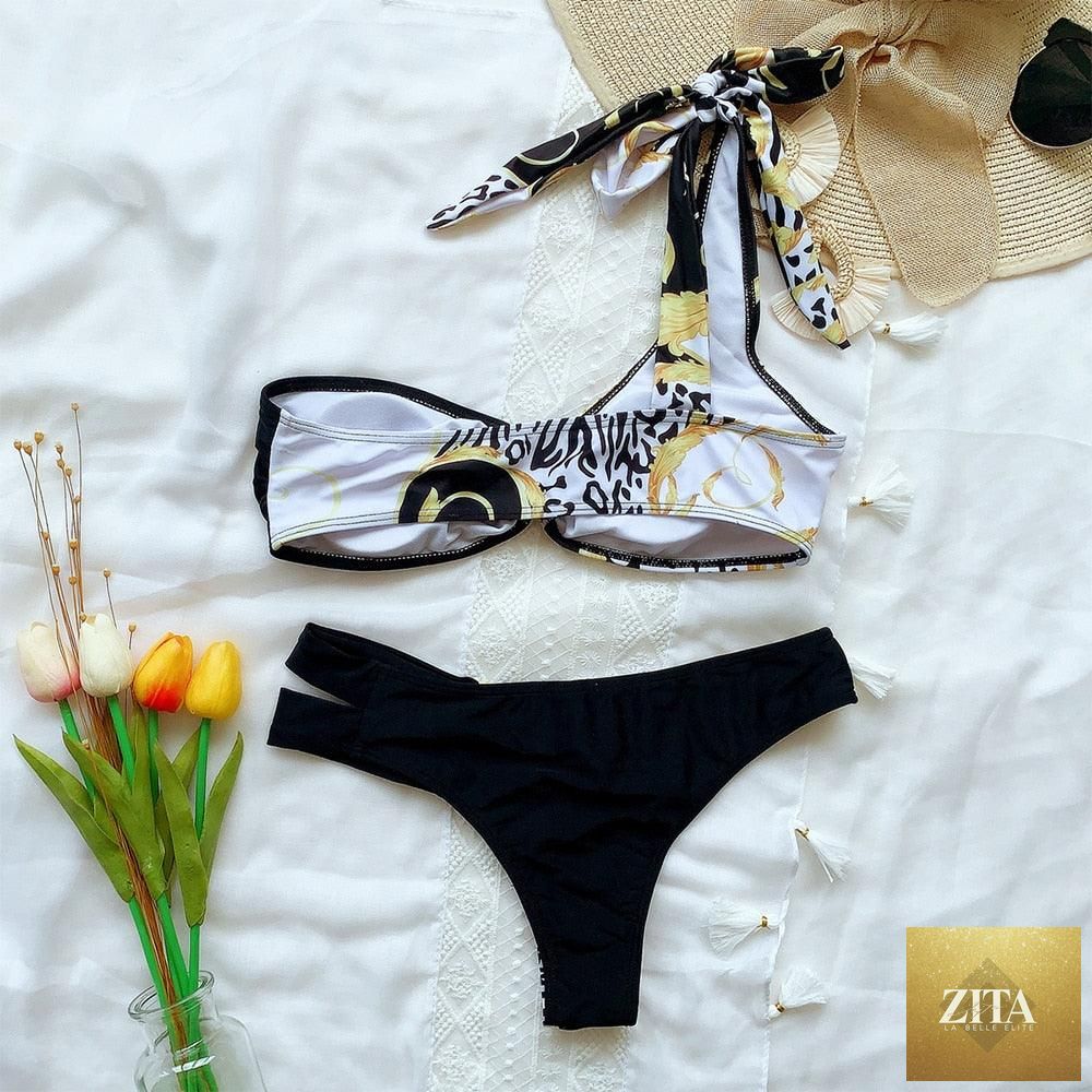 Elegant women's one-shoulder snake print bikini and swim dress set with bikini bottoms, perfect for spring beach and swimwear fashion.
