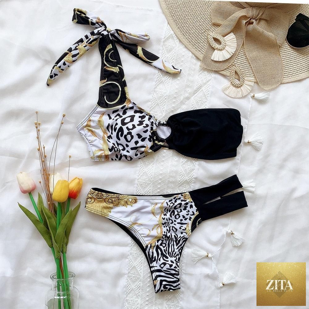 Elegant Stevvex women's one-shoulder swimdress with snake print bikini bottom, perfect for spring beach and surf fashion.